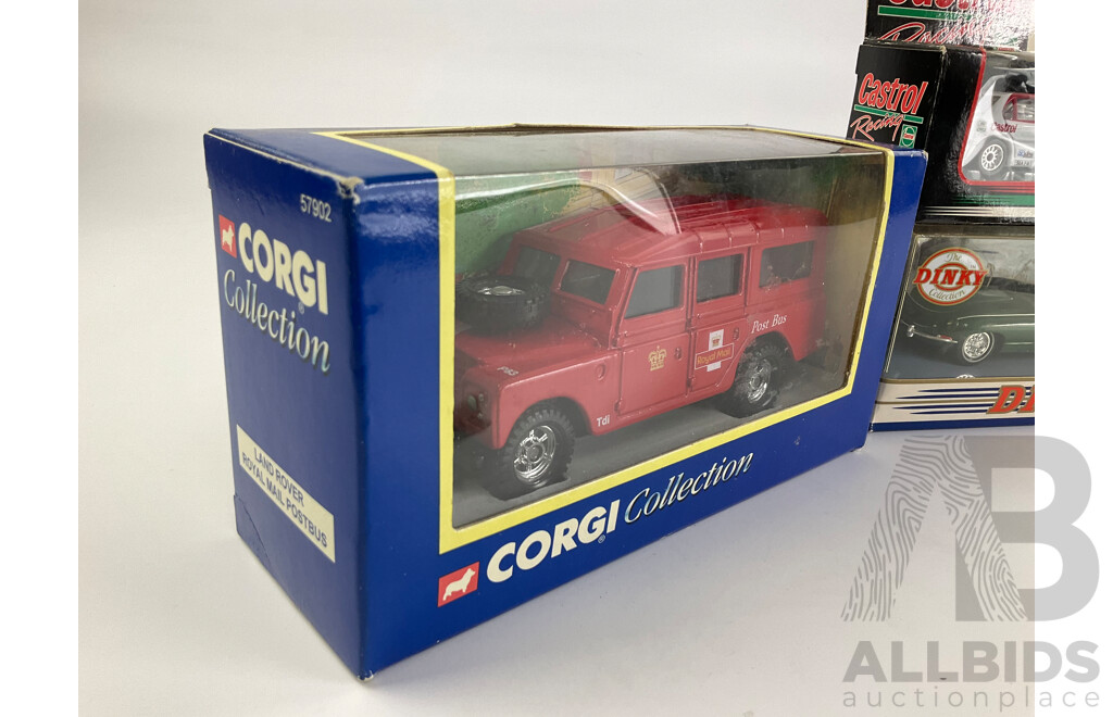 Corgi Royal Mail Land Rover, 1968 Jaguar E Type and Matchbox Castrol Racing EF Falcon