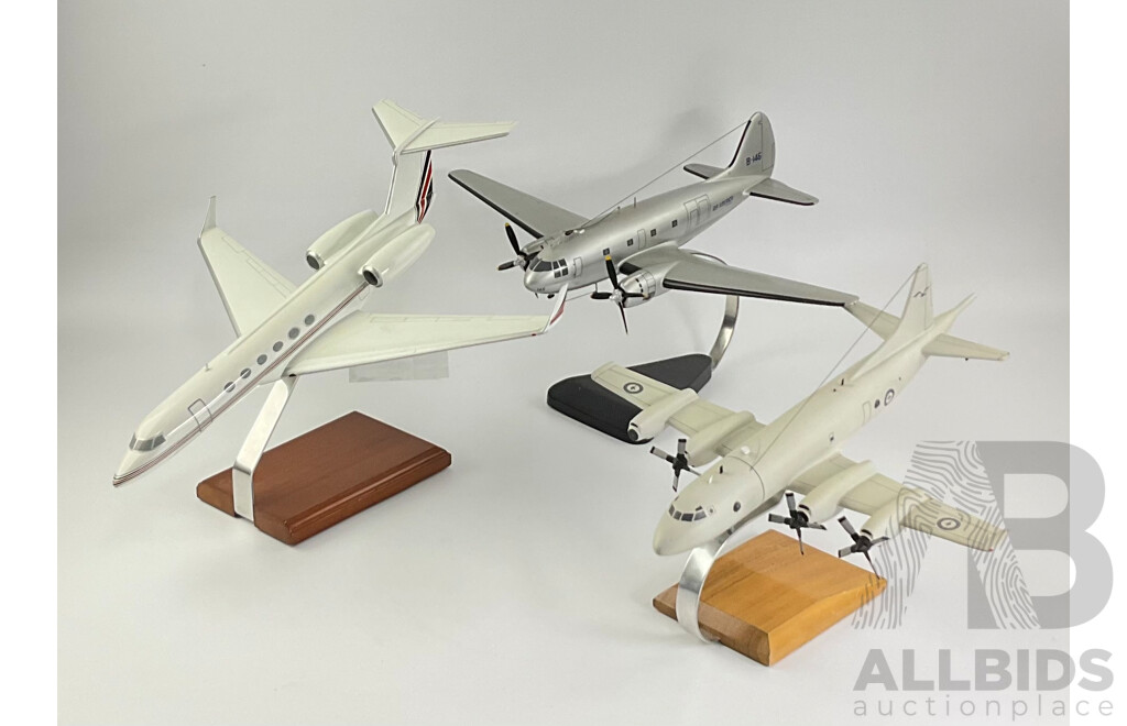 Three Large Display Model Aircraft Including Air America B-146, RAAF Cargo Plane and Twin Engine Lear Jet