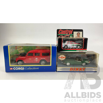 Corgi Royal Mail Land Rover, 1968 Jaguar E Type and Matchbox Castrol Racing EF Falcon