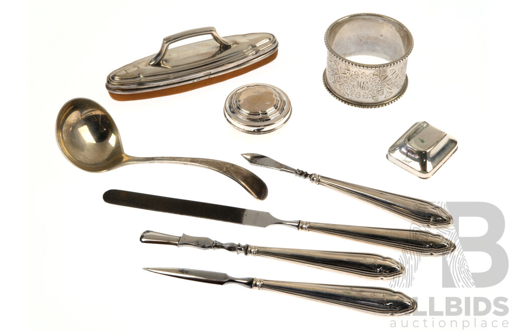 Collection .800 or Sterling Silver Items Including Four Piece Manicure Set with .800 Handles, Napkin Ring, Sheffield 1897, Small Ladle, Sheffield 1969