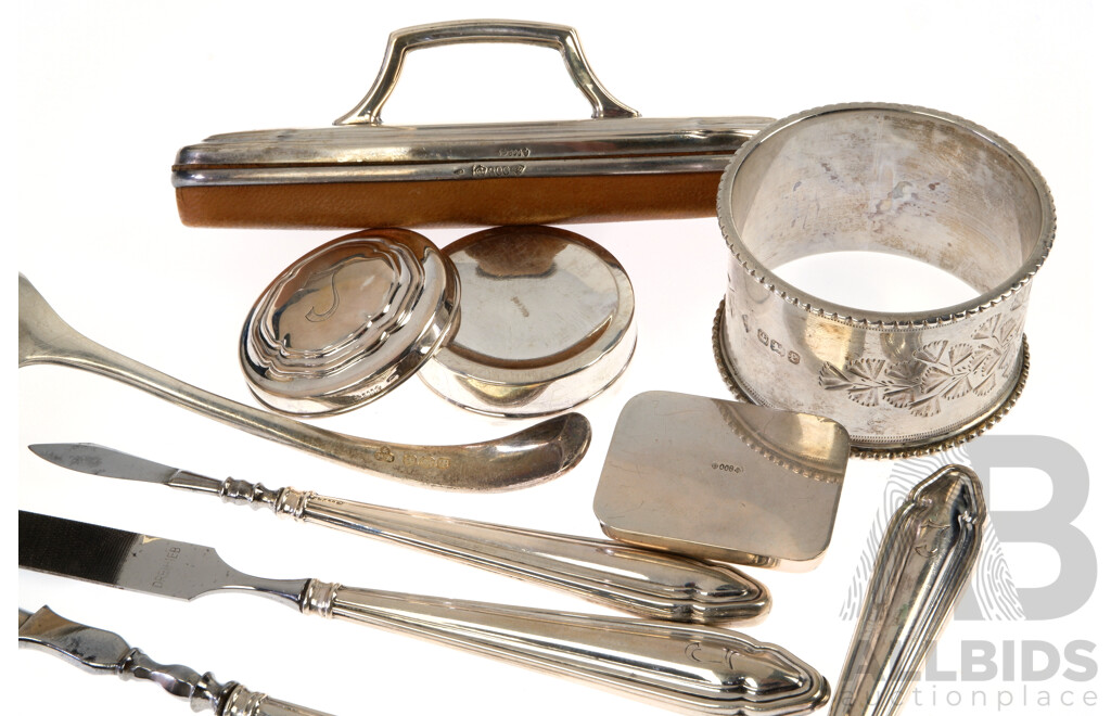 Collection .800 or Sterling Silver Items Including Four Piece Manicure Set with .800 Handles, Napkin Ring, Sheffield 1897, Small Ladle, Sheffield 1969