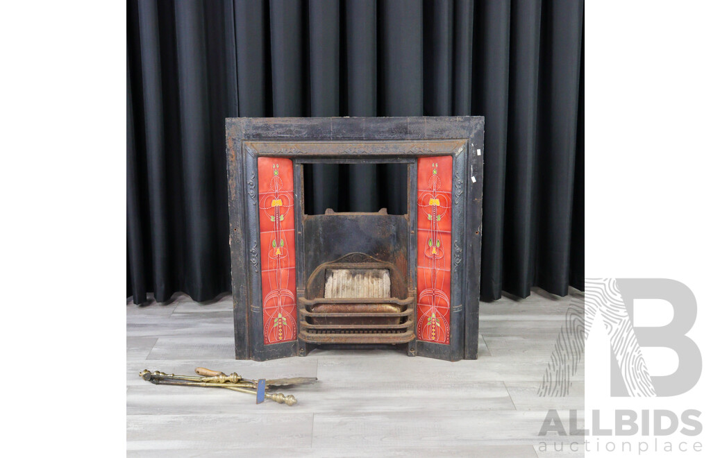 Victorian Cast Iron Fire Place Insert with Glazed Tile Boarder and Brass Tools