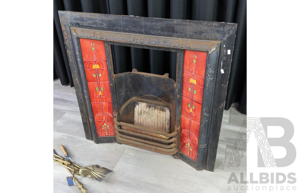 Victorian Cast Iron Fire Place Insert with Glazed Tile Boarder and Brass Tools