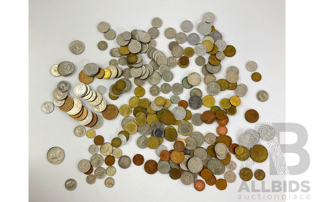 Collection of International Coins Including USA 1946 Silver Dime, 1858 Silver Quarter, United Kingdom, Spain, France, Israel, Argentina, Greece Switzerland and More - Approximately 1.3 Kilograms