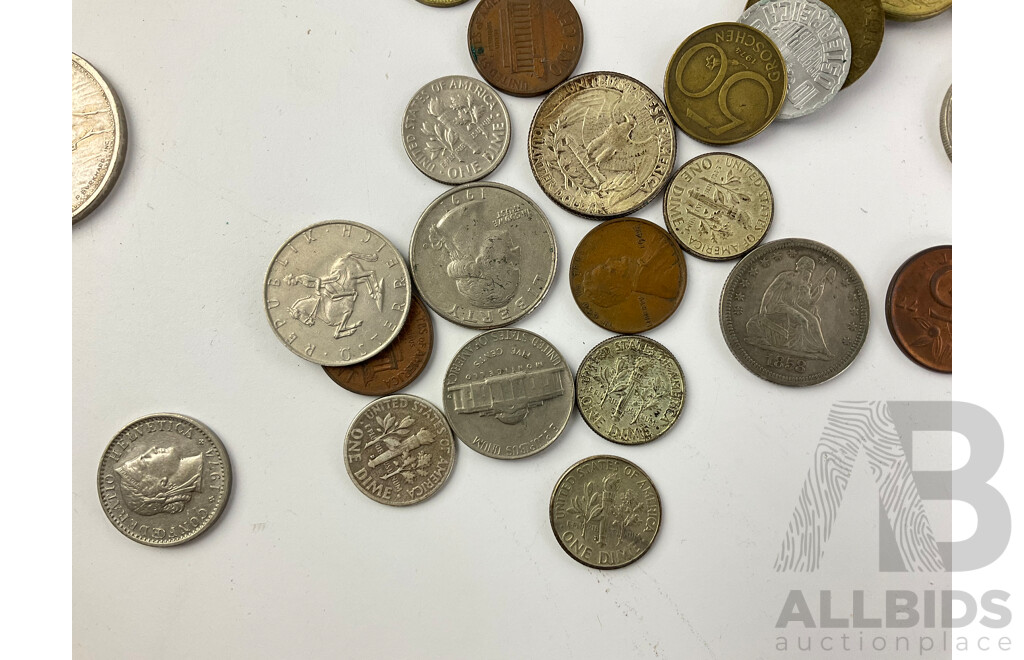 Collection of International Coins Including USA 1946 Silver Dime, 1858 Silver Quarter, United Kingdom, Spain, France, Israel, Argentina, Greece Switzerland and More - Approximately 1.3 Kilograms