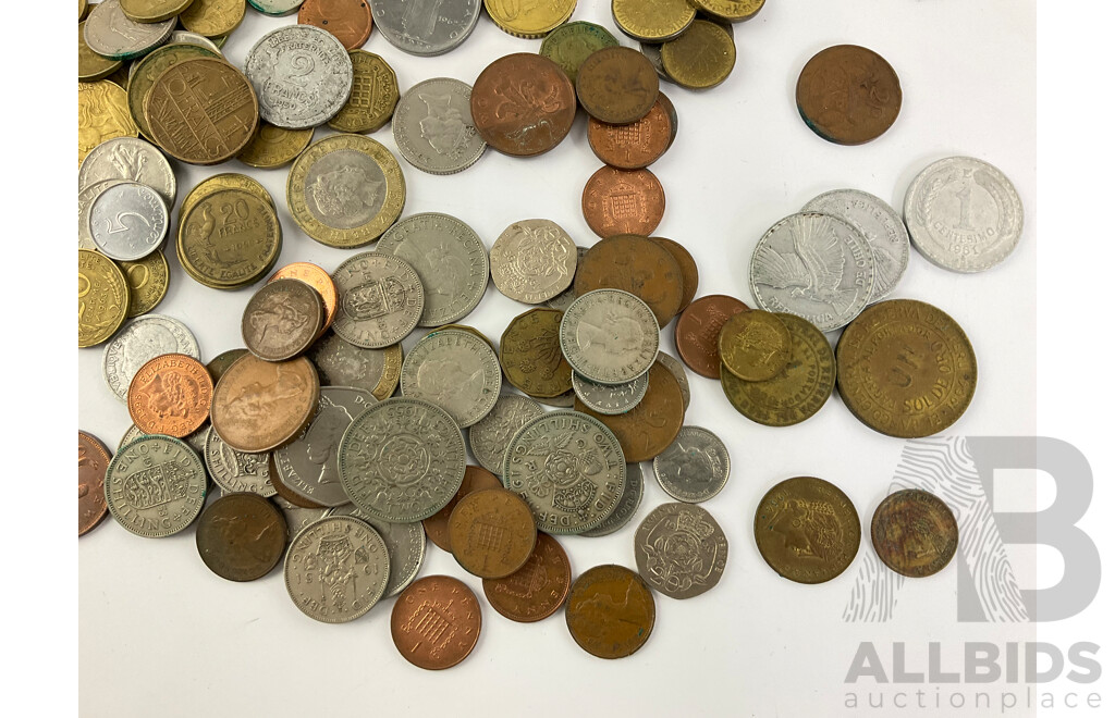 Collection of International Coins Including USA 1946 Silver Dime, 1858 Silver Quarter, United Kingdom, Spain, France, Israel, Argentina, Greece Switzerland and More - Approximately 1.3 Kilograms