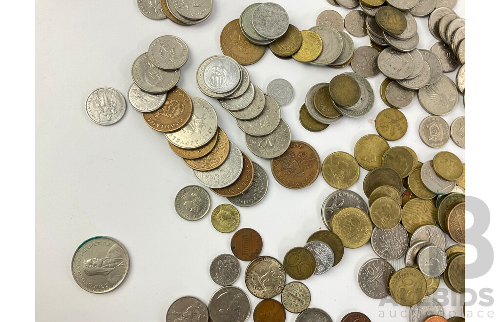 Collection of International Coins Including USA 1946 Silver Dime, 1858 Silver Quarter, United Kingdom, Spain, France, Israel, Argentina, Greece Switzerland and More - Approximately 1.3 Kilograms