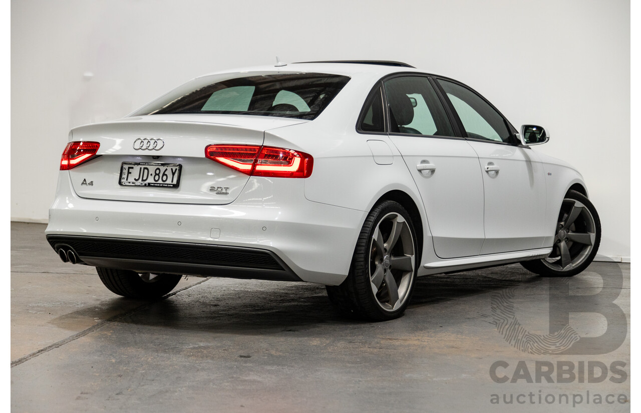 6/2014 Audi A4 2.0 TFSI S-Line Quattro (AWD) B8 (8K) MY14 4d Sedan Glacier White Turbo 2.0L