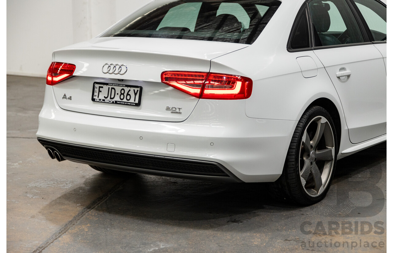 6/2014 Audi A4 2.0 TFSI S-Line Quattro (AWD) B8 (8K) MY14 4d Sedan Glacier White Turbo 2.0L