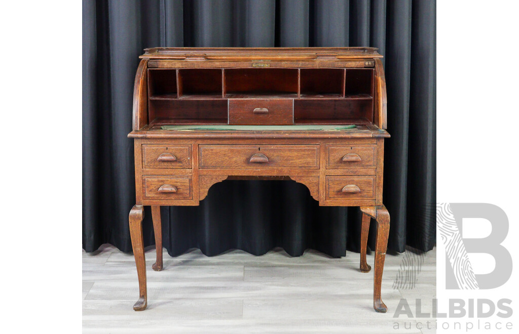 Edwardian Oak Cylinder Desk