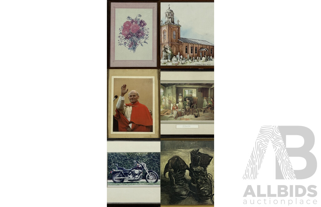 Collection of Six Varied Works of Art Framed, Mainly Vintage Copies of Originals, and Including an Image of Pope John Paul II, Photograph of a Motorbike and More, 46 x 55 cm (largest frame) (6)