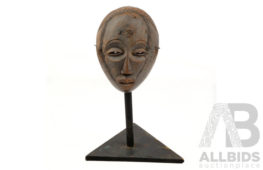 Antique Hand Carved Wooden African Congolese Chokwe Mask on Wooden Stand