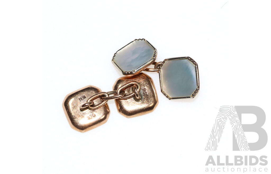 Vintage 9ct Gold Cuff Links with Mother of Pearl, 11.4mm, 4.90 Grams