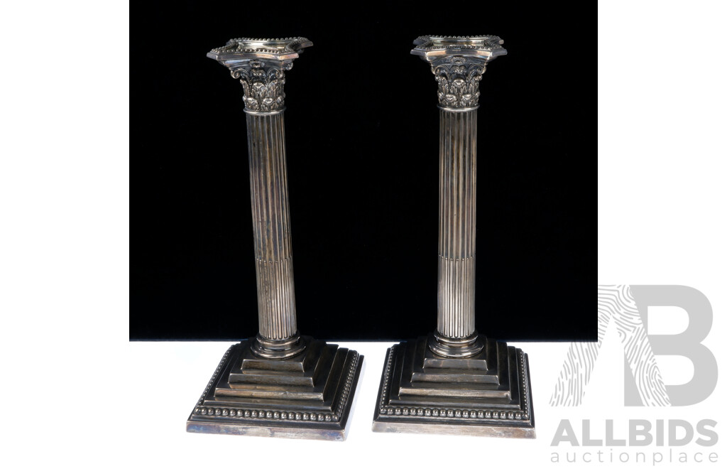 Impressive Pair Antique Sterling Silver Candle Holders in Corinthian Columnar Form with Stepped Base, London, 1886, William Hutton & Sons