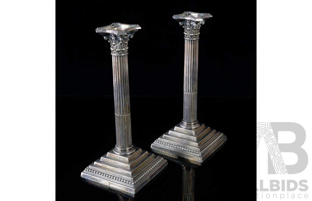 Impressive Pair Antique Sterling Silver Candle Holders in Corinthian Columnar Form with Stepped Base, London, 1886, William Hutton & Sons