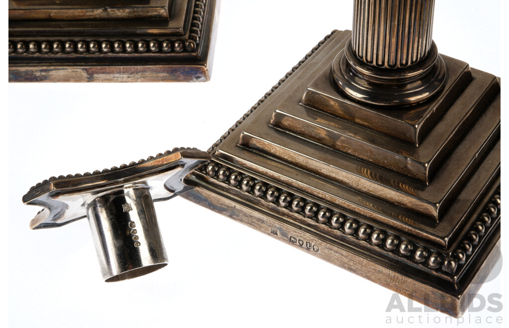 Impressive Pair Antique Sterling Silver Candle Holders in Corinthian Columnar Form with Stepped Base, London, 1886, William Hutton & Sons