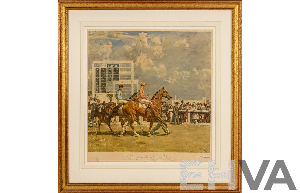 Sir Alfred James Munnings R.A (19/20th Centuries, British, 1878-1959), Going Out at Epsom, Vintage 'Perfect Facsimile' of Original Painting, 77 x 73 cm (frame)