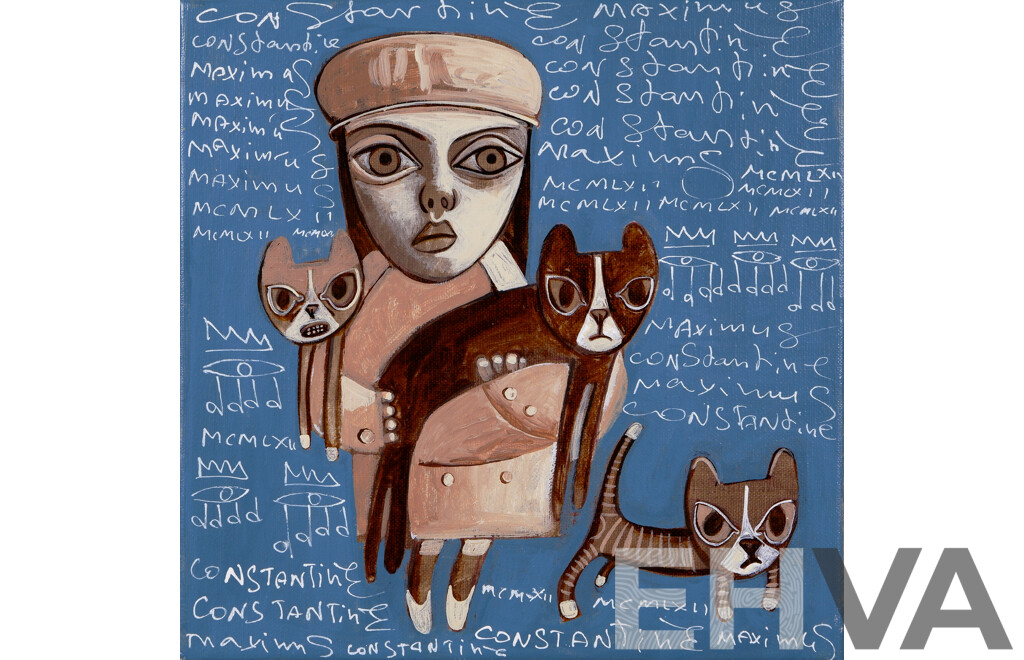 Constantine Popov, (20th Century, Russian-Australian, 1962-), Portrait of Girl with Her Three Cats (2024), Oil on Canvas, 25.5 x 25.5 cm
