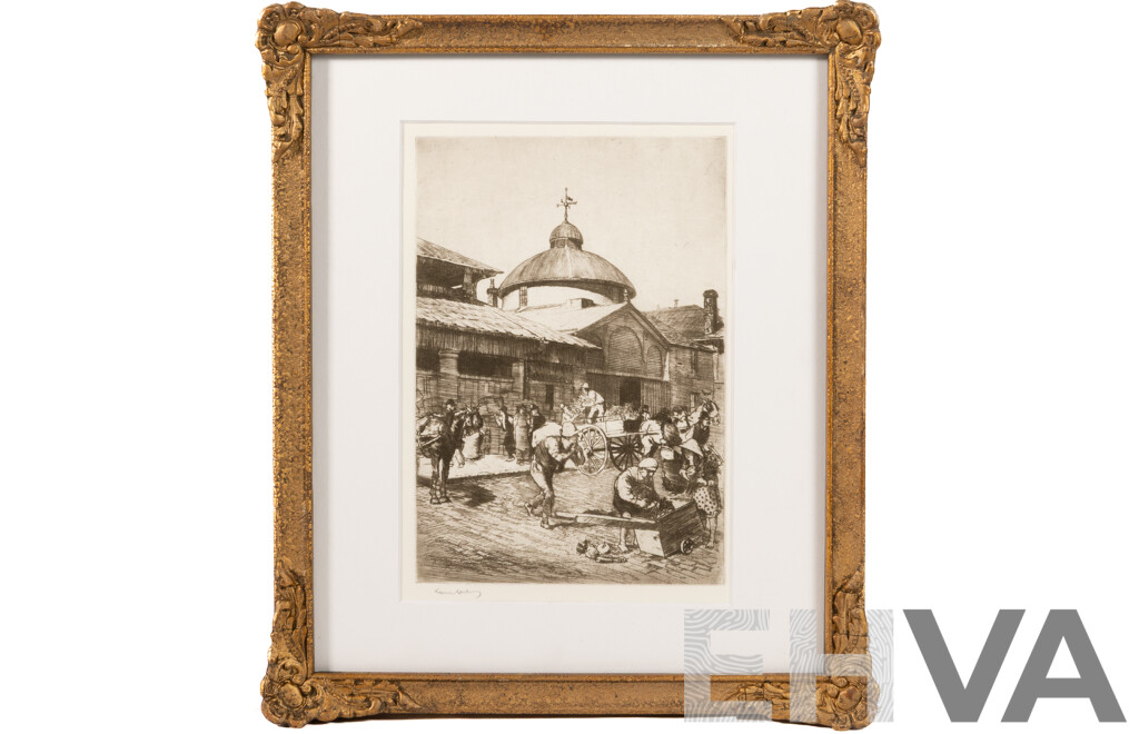 Sir Lionel Arthur Lindsay (19th/20th Centuries, Australian, 1874-1961), George Street Market, Sydney, Limited Edition Giclee Print of Original Etching From 1914, 33 x 28 cm (frame)
