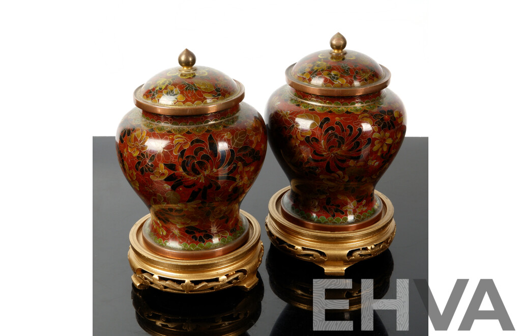 Pair Chinese Cloisonne Lidded Urns on Wooden Stands