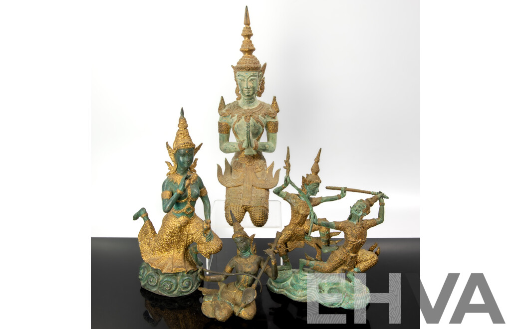 Collection Four Thai Bronze Figures with Hand Painted Gilt Highlights