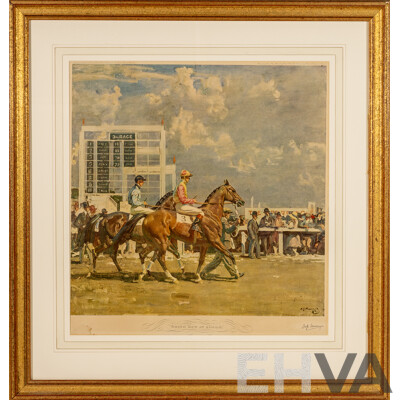 Sir Alfred James Munnings R.A (19/20th Centuries, British, 1878-1959), Going Out at Epsom, Vintage 'Perfect Facsimile' of Original Painting, 77 x 73 cm (frame)