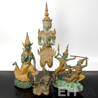 Collection Four Thai Bronze Figures with Hand Painted Gilt Highlights
