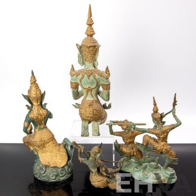 Collection Four Thai Bronze Figures with Hand Painted Gilt Highlights