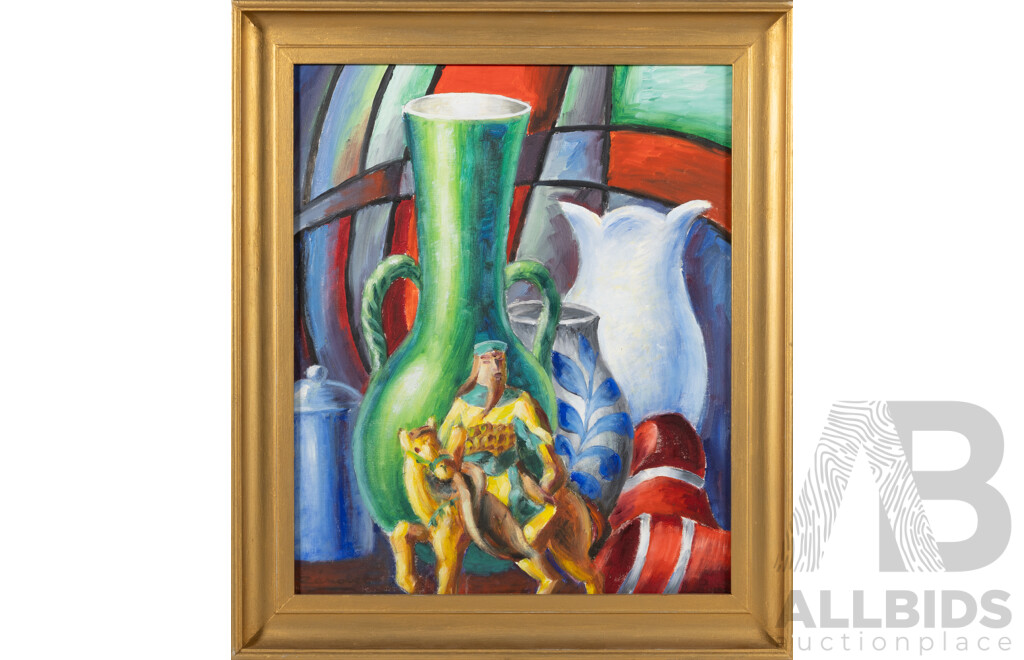 Pierre Zenobel, (20th Century, French, 1905-1996), Composition Aux Trois Vases Et a La Statuette Chinoise [Composition of Three Vases & Statuette Chinoserie], (1970-75), Oil on Canvas, 54 x 45 cm (frame)