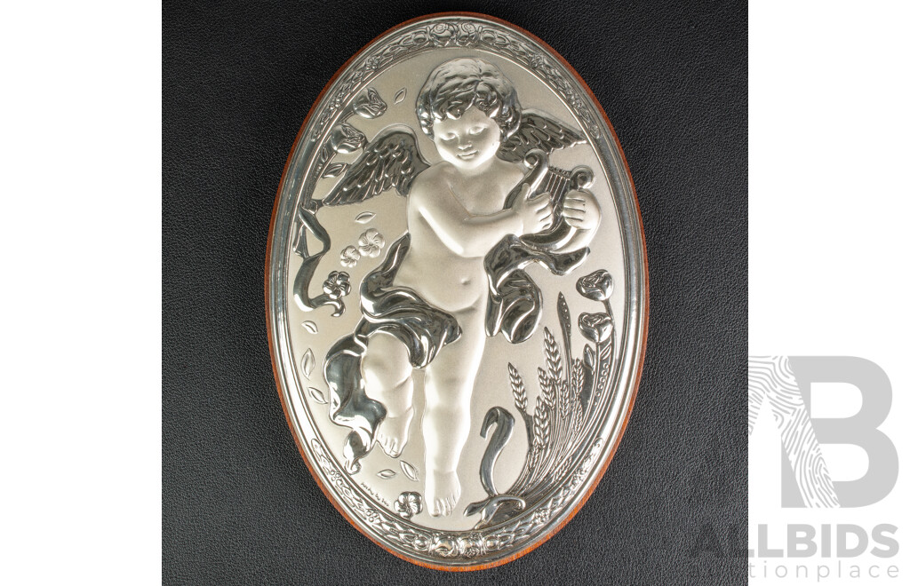 Pair Sterling Silver Plaques on Wooden Backing, Tested .950 Silver