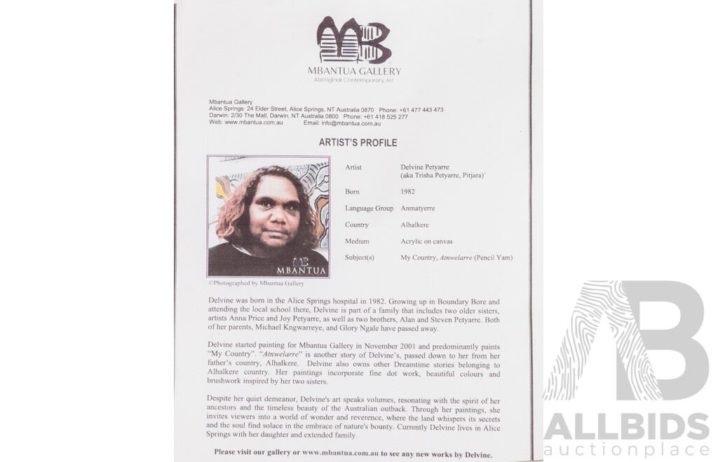 Delvine Petyarre, (20th Century, Indigenous-Australian, 1982-) My Country, Atnwelarre (Pencil Yam), Acrylic on Canvas, 33.5 x 33.5 cm (frame)