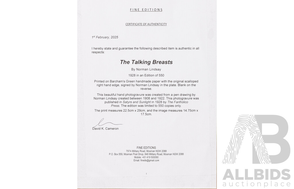 Norman Lindsay (20th Century, Australian, 1879-1969), The Talking Breasts, Hand Photogravure From Original Pen Drawing on Handmade Paper, Limited Ed., 45 x 43 cm (frame)