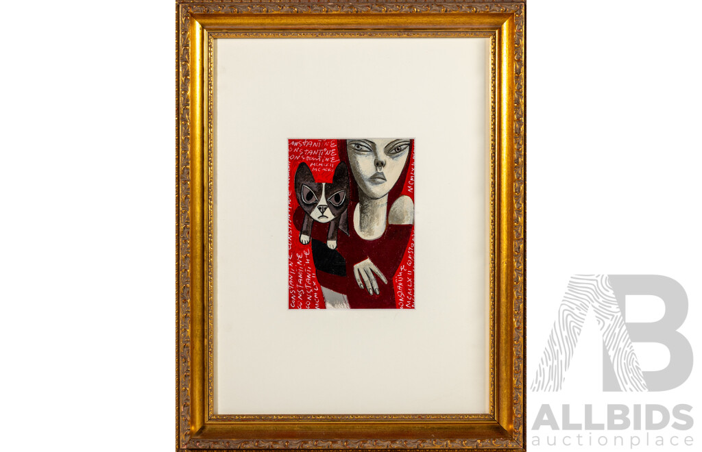 Constantine Popov, (20th Century, Russian-Australian, 1962-), Girl and Her Cat, Acrylic on Canvas, Framed Under Glass, 52 x 40 cm (frame)