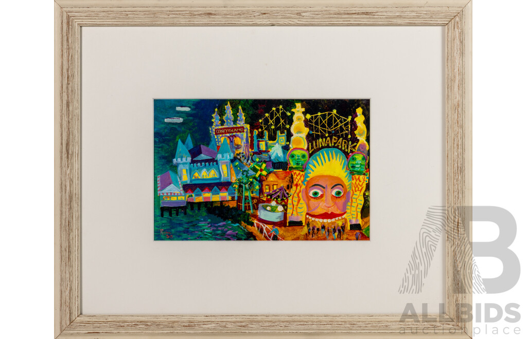 Victor Rubin, (20th Century, Australian, 1950), Luna Park-Coney Island (2019), Original Acrylic on Canvas Board Framed Under Glass, 46.5 x 57 cm (frame)