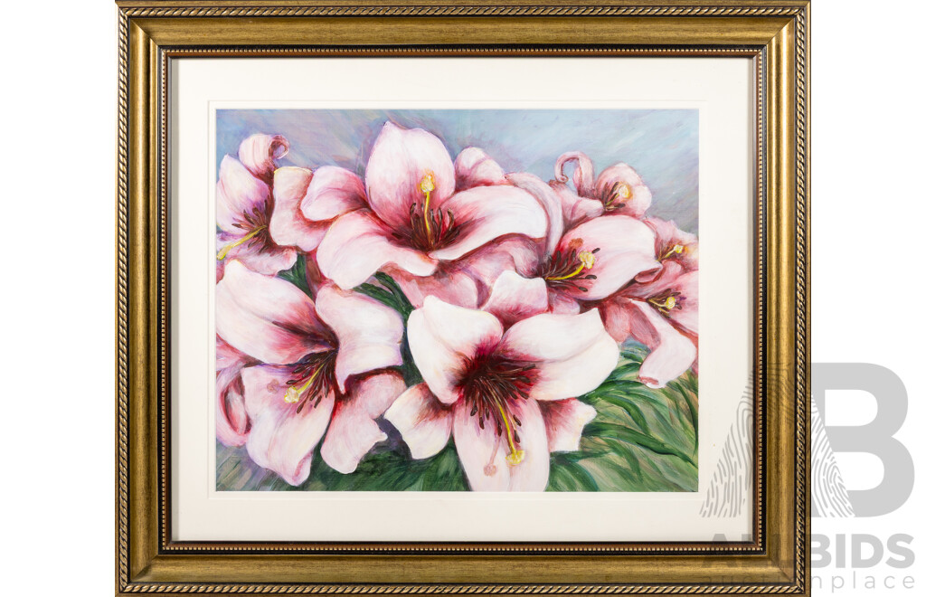 Shirley Sutherland, (20th Century, Australian), Pink Lilies, Wonderful Original Acrylic, 62 x 72 cm (frame)