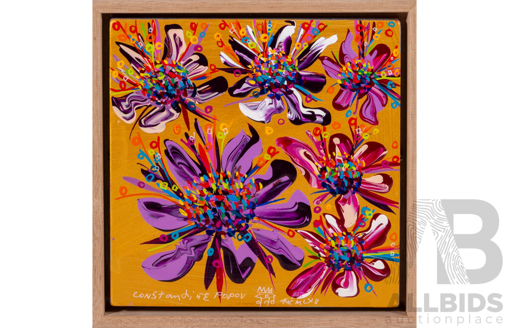 Constantine Popov, (20th Century, Russian-Australian, 1962-), Flowers on Gold - Entropy, Acrylic on Wood Panel, 23 x 23 cm (frame)