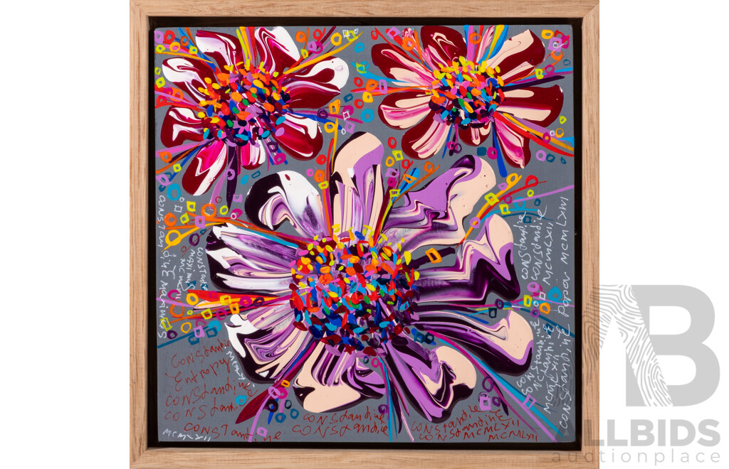 Constantine Popov, (20th Century, Russian-Australian, 1962-), Flowers on Grey - Entropy, Acrylic on Wood Panel, 23 x 23 cm (frame)