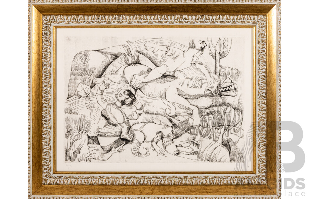 Pier Canosa, (20th Century, Italian, 1940-), Battle with the Other, Original Etching, 54 x 69 cm (frame)