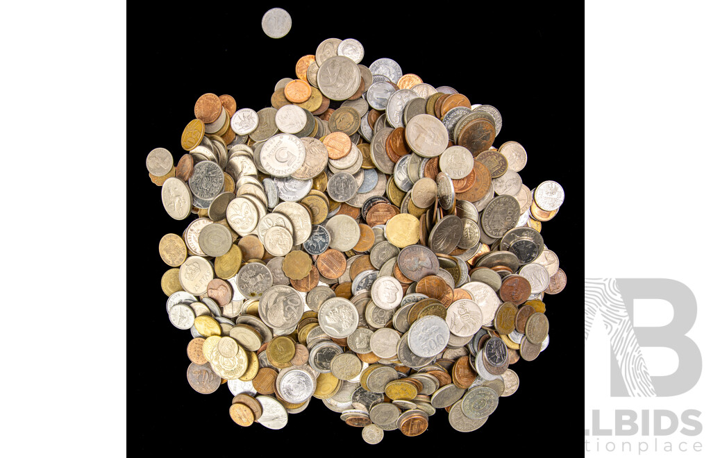 Collection of International Vintage Coins Including New Zealand, UK, Indonesia, Belgium, Mauritius, Singapore, Euro, Vanuatu, USA, China and More with Royal Australian Twenty Cent Calico Bag  - Approximately Three Kilograms