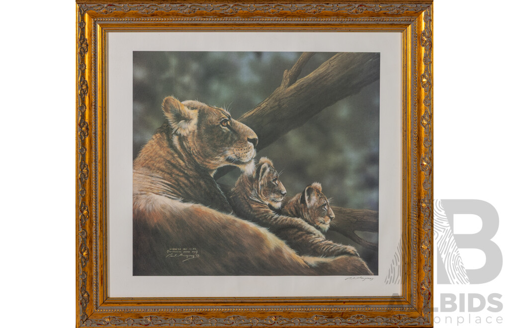 Paul Margocsy, (20th Century, Australian, 1945-), Lioness & Cubs, Wonderful Signed Reproduction Lithograph of Original, 55 x 60 cm (frame)