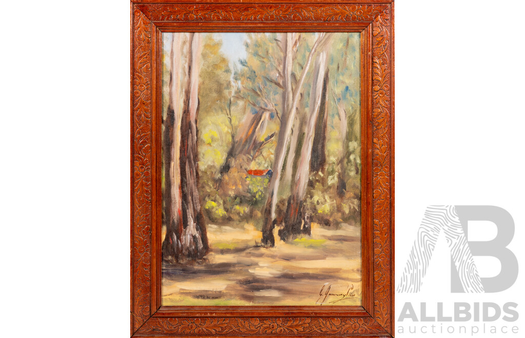 Gladys Jauncey-Prior, (20th Century, British-Born Australian, 1918-2015), Cottage Peeking From the Bushland, Vintage Original Oil on Canvas, 47 x 38 cm (frame)