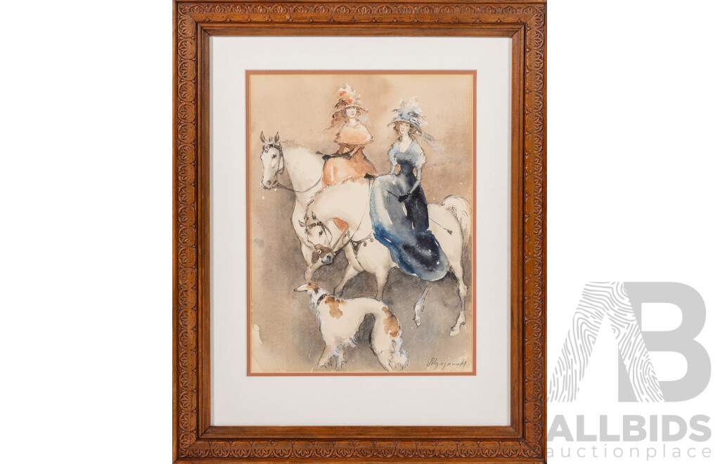 Marina Muldasheva, (20th Century, Russian), Ladies on Horses with Dog, Original Ink & Watercolour, 41.5 x 33.5 cm (frame)