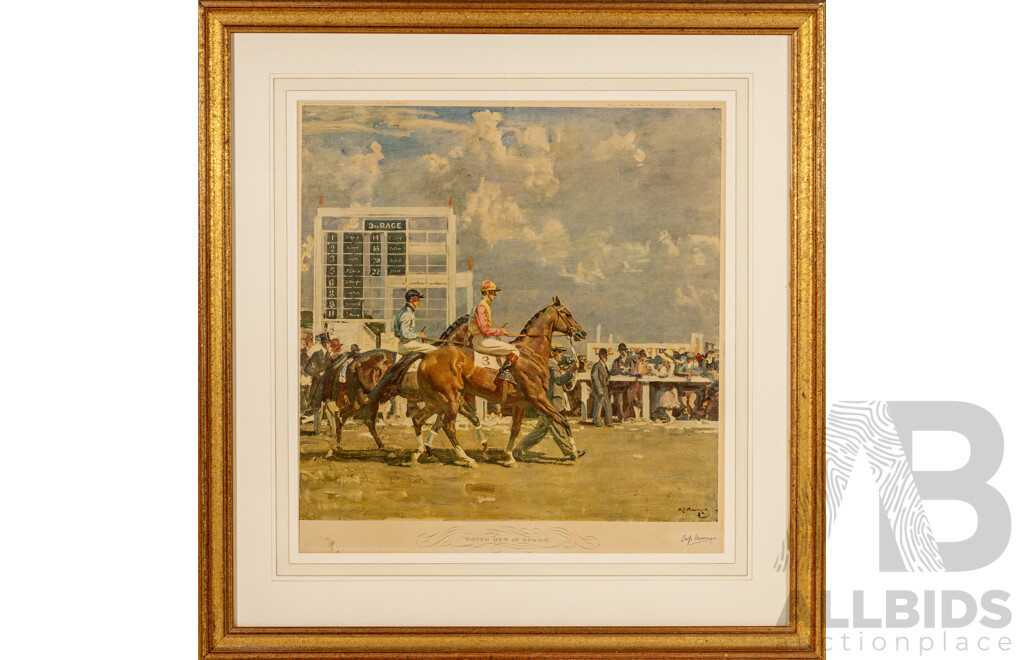 Sir Alfred James Munnings R.A (19/20th Centuries, British, 1878-1959), Going Out at Epsom, Vintage 'Perfect Facsimile' of Original Painting, 77 x 73 cm (frame)