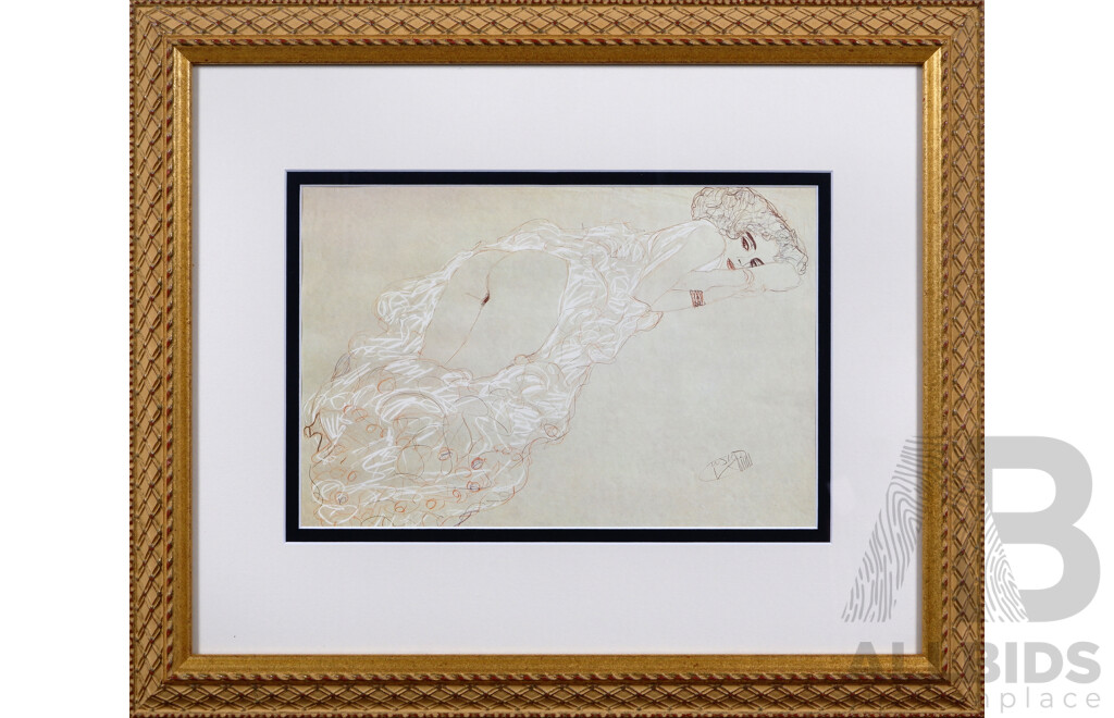 Gustav Klimt, (20th Century, Austrian, 1862-1918), Erotic Nude Reclining, Quality Print of Original Sketch and Watercolour, 48 x 58 cm (frame)