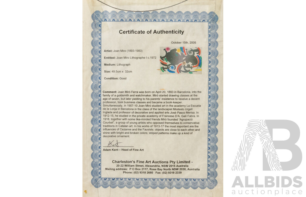 Joan Miro (20th Century, Spanish, 1893-1983), Joan Miro Lithographe I (1972), Lithograph, 64 x 82 cm (frame)