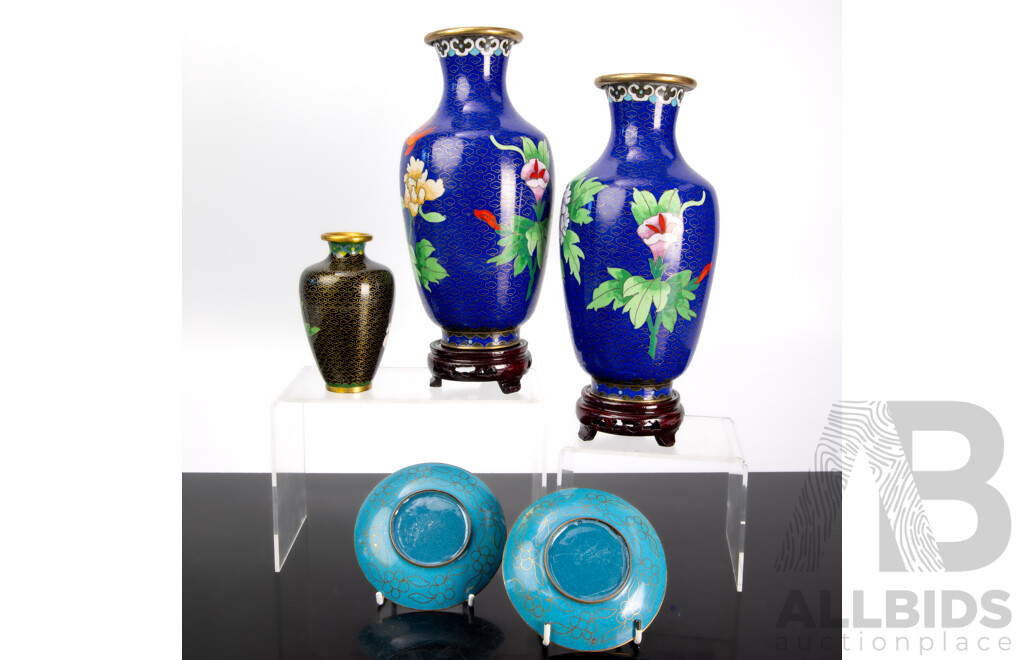 Collection Chinese Cloisonne Pieces Comprising Pair Vases on Carved Wooden Stands, Smaller Vase and Pair Plates