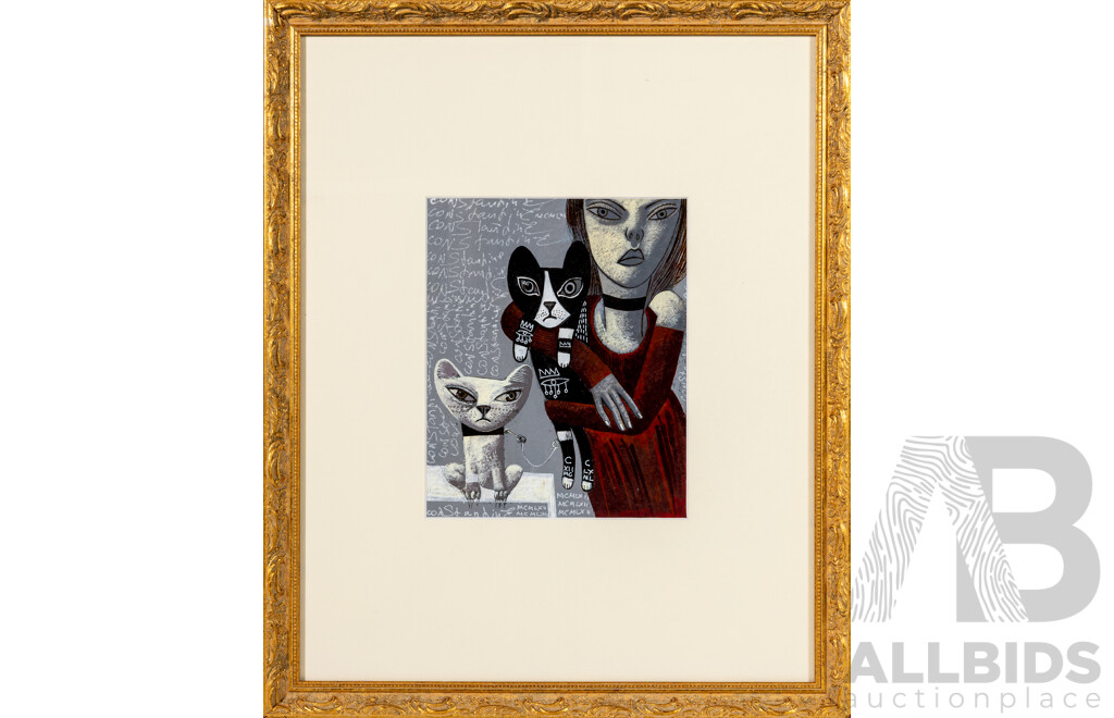 Constantine Popov, (20th Century, Russian-Australian, 1962-), Girl and Her Cats, Wonderful Original Oil on Card, 55 6x 45 cm (frame)