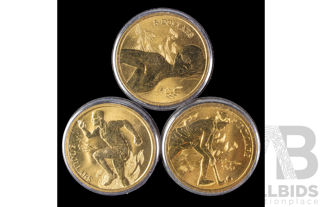Three Australian 2000 UNC Five Dollar Coins, Swimming, Hockey, Running