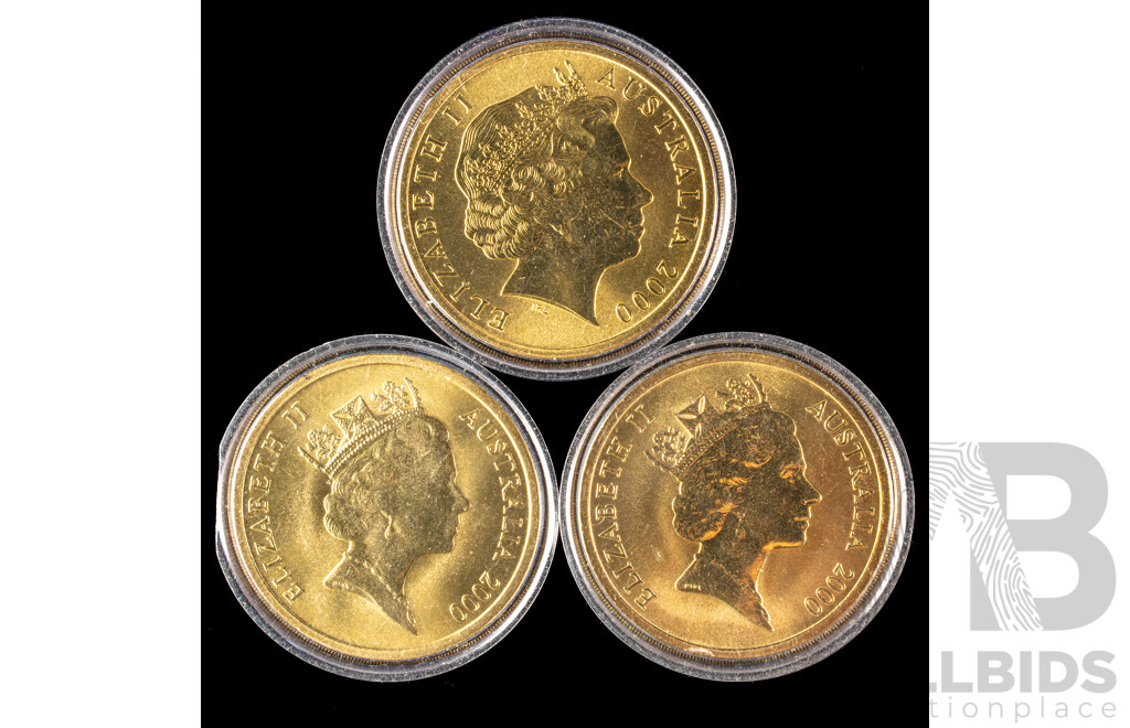 Three Australian 2000 UNC Five Dollar Coins, Swimming, Hockey, Running