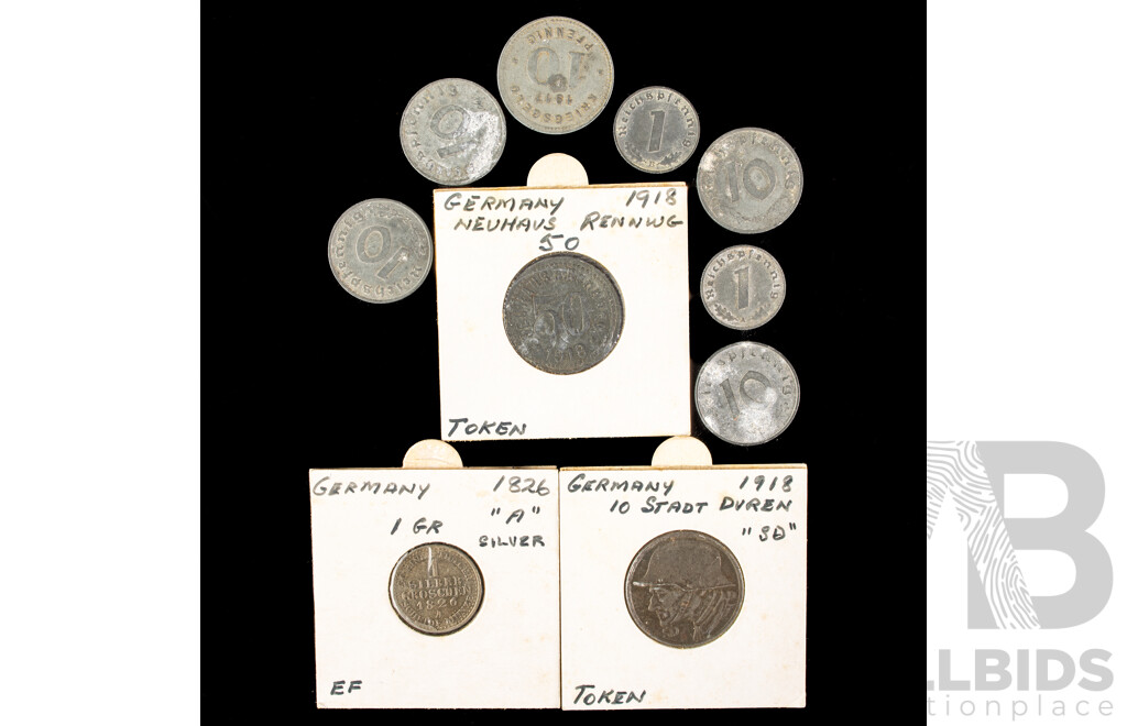 German Antique/Vintage Coins Including 1826 Silver Silbergroschen, Berlin Mint, 1918 Fifty and Ten Token and Fifty Pfennigs, Ten Pfennigs 1940(2) 1941, 1943, Two 1940 One Pfennigs